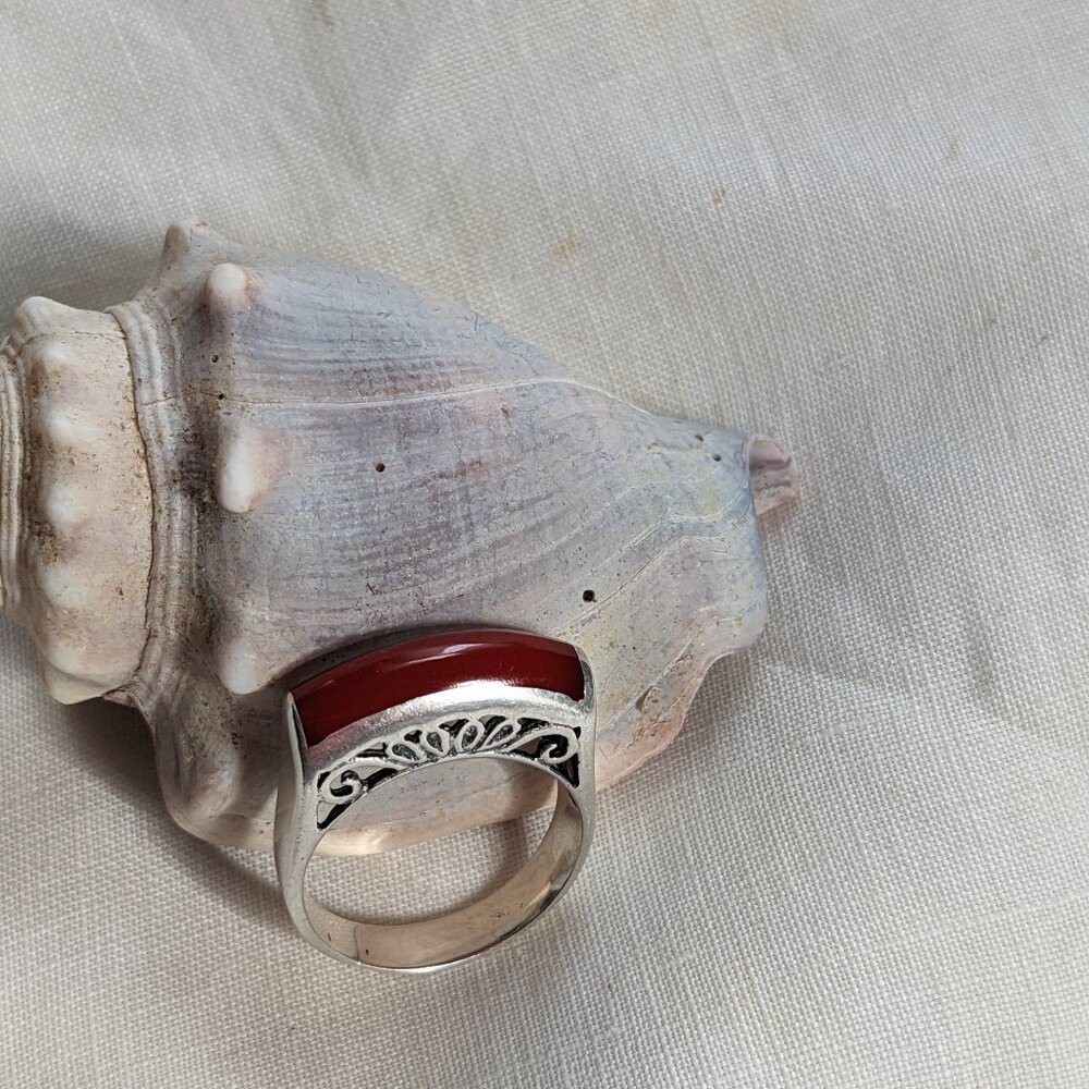 Sterling Silver Filigree Carnelian or Red Coral  Ring Size 7